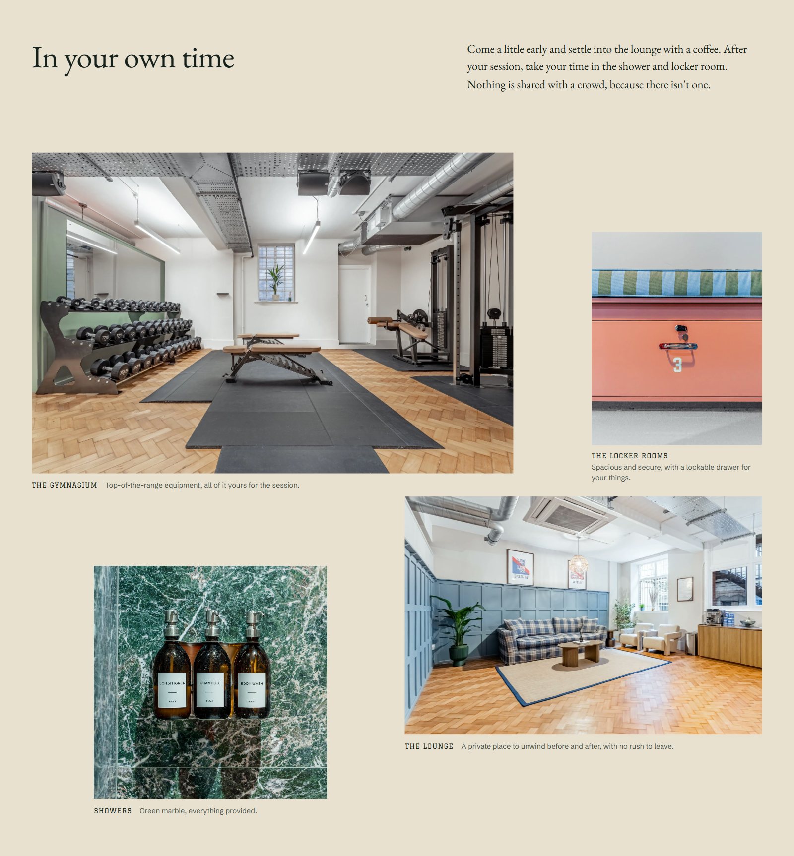 The Ludorum Club homepage section titled In your own time, with photographs of the gymnasium, locker rooms, showers and lounge laid across an editorial grid.