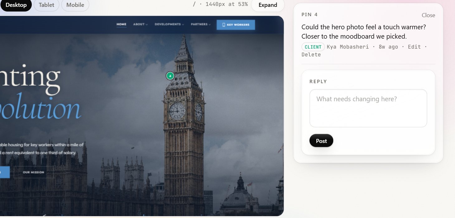 A numbered pin on the design and its open comment thread in the Meko client portal, with a reply box to say what needs changing