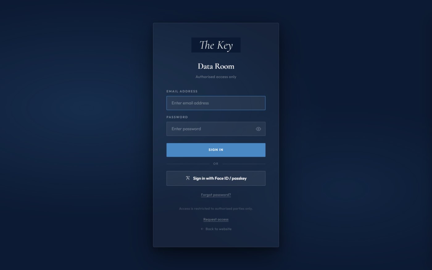 The Key data room sign-in screen: authorised access only, with email and password fields and a Face ID or passkey option.