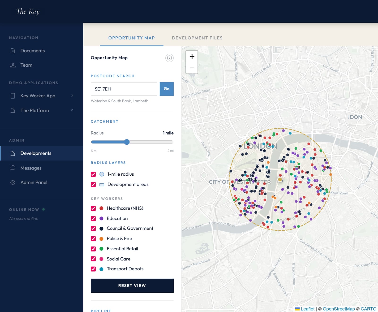 The Key Opportunity Map showing key-worker demand dotted across a one-mile ring around a central London site.